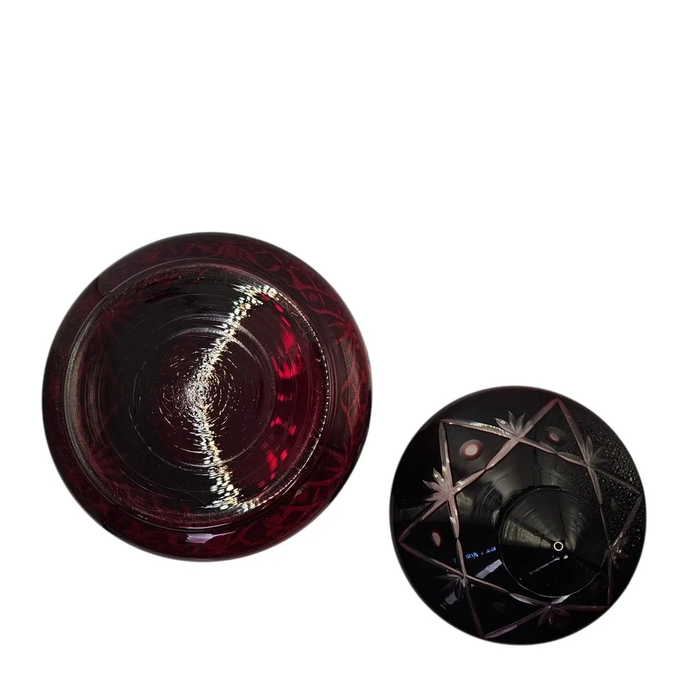 Vintage Bohemian Czech Ruby Red Cut to Clear Glass Canister Jar Crystal Lid 9.5